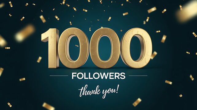 Golden 1000 Followers Milestone Celebration Graphic with Confetti on Teal Gradient Background
