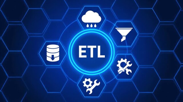 Digital Shield with ETL Text and Connected Hexagonal Icons Representing Data Processing and Business Concepts 4k video
