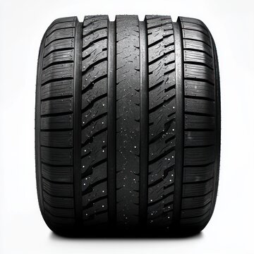 Studio portrait of a wide black car tire with detailed tread pattern, embedded road stones, and a rugged durable look on a clean white background