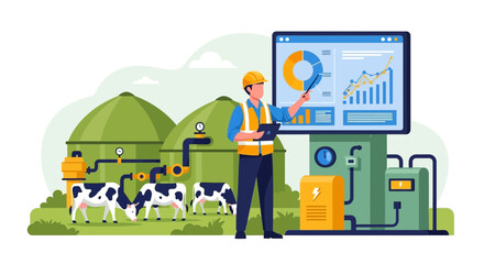 Naklejka premium Man in hard hat presenting biogas production data on screen.