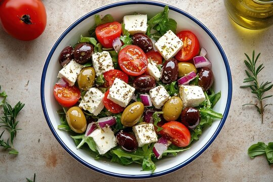 Bright, appetizing Mediterranean salad in a bowl with feta cubes, green and dark olives, halved cherry tomatoes, red onion, leafy greens, olive oil and fresh herbs