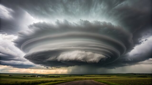 Dangerous Storm A massive, rotating supercell thunderstorm with layered clouds and rain over a flat landscape.