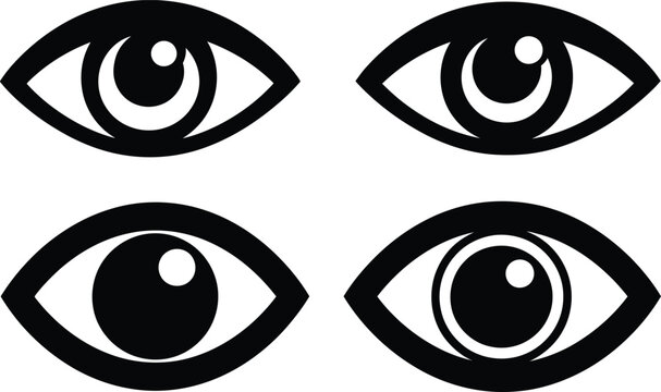 Four stylized eye illustrations in black and white