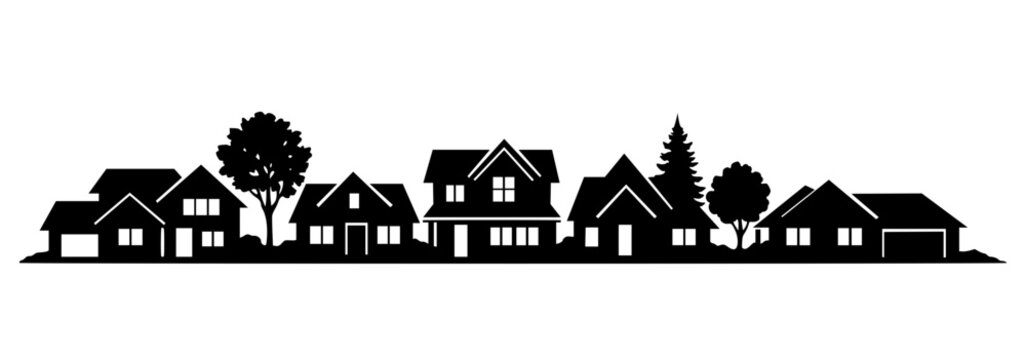 black vector silhouette of a suburban street. The illustration features a row of diverse residential houses with peaked roofs, interspersed with leafy trees and evergreens, panoramic skyline.