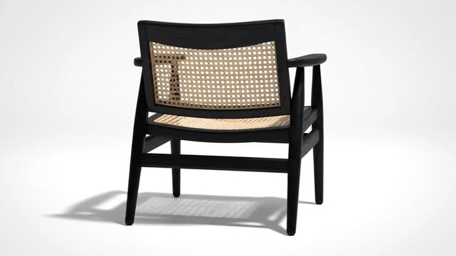 Black wooden armchair with a woven cane backrest and seat isolated against a white backdrop with a shadow