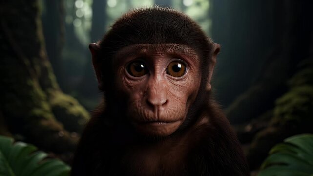 Detailed portrait of a curious monkey in a dark tropical forest habitat