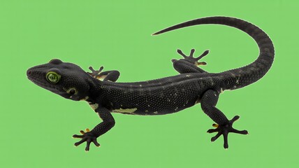 Black and Yellow Gecko on Green Background Lizard Reptile Wildlife Concept