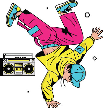 Vibrant Graffiti Style Breaking Dancer with Boombox Illustration Vector Art