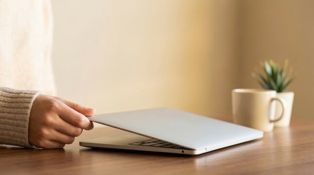 Mental Wellness Remote Workers concept. A person closing a laptop on a wooden desk with coffee and a small plant.