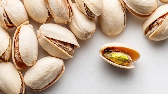 Assortment of shelled and unshelled roasted nuts scattered across a bright white surface.