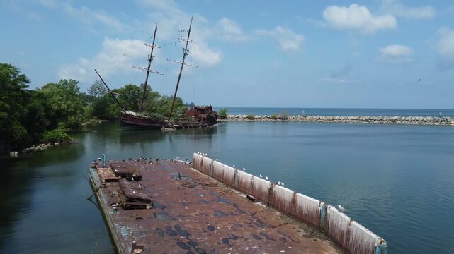 La Grande Hermine, Jordan Harbour Shipwreck, a pirate ship looking vessel off the QEW in Ontario, Canada, on Lake Ontario. Shot from a drone at a low altitude, moving forward.