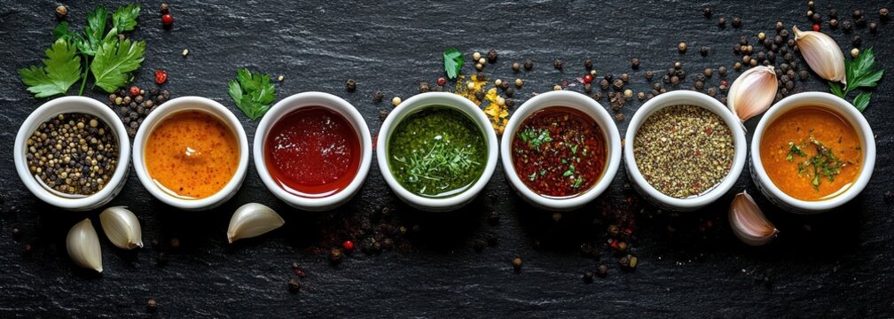 row of small white bowls with colorful sauces and spice blends, scattered peppercorns, garlic cloves and parsley on dark slate, vibrant appetizing culinary presentation