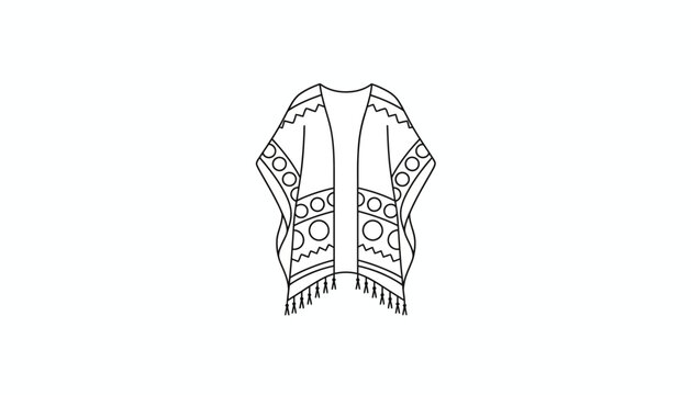 Boho Kimono Fashion Sketch - Geometric Patterned Poncho with Tassels