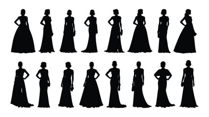 Collection of elegant black silhouettes of women in formal evening gowns and dresses in various styles and poses © SILHUETTECHEMBER