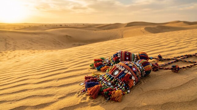 Beautifully woven camel tassels, bright beads, and small mirrors rest on sweeping golden desert sand dunes at the Pushkar Camel Fair.