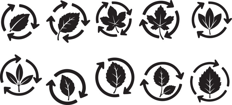 Eco friendly leaf recycling symbols on white background icons