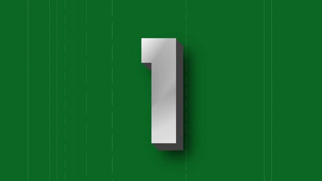 A 3D silver colorful countdown timer from five to one against a green background