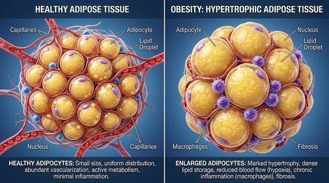 Microscopic comparison of healthy adipose tissue versus hypertrophic fat cells in obesity