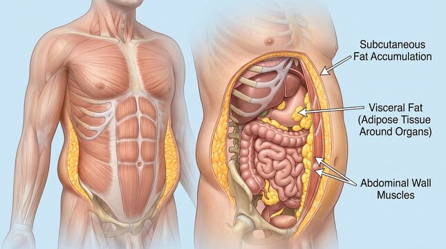 Detailed medical illustration of human body anatomy showcasing subcutaneous and visceral fat accumulation around internal organs