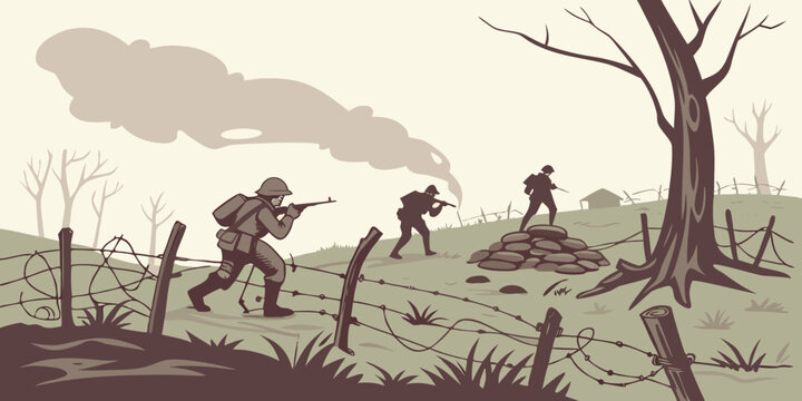 soldiers in a war zone with a tree and fence Vector