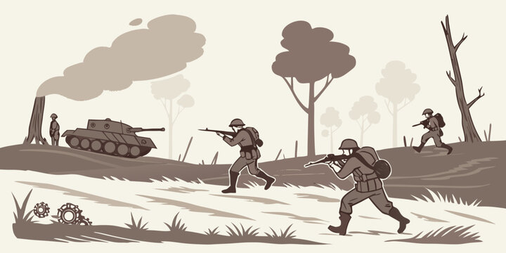 soldiers advancing with a tank in a war zone Vector