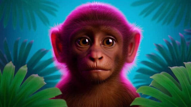 Portrait of a stylized monkey against a tropical leaf background