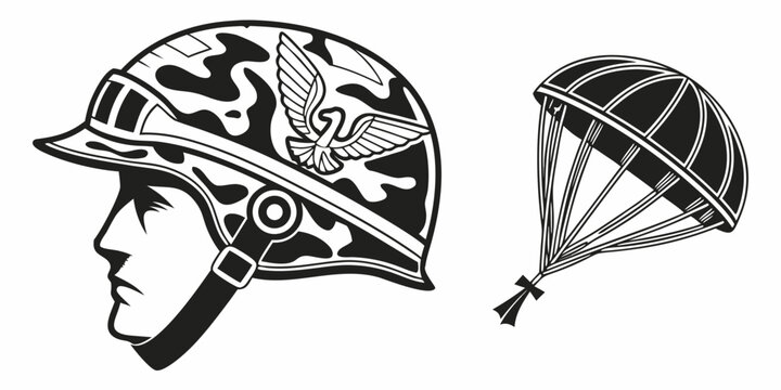 a military helmet and a parachute Vector