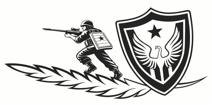 a soldier aiming a rifle next to a shield with a star and wings Vector