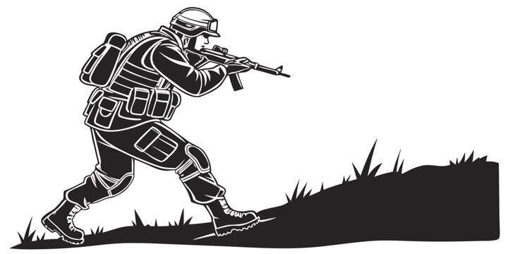 soldier in combat gear aiming a rifle on a hill Vector
