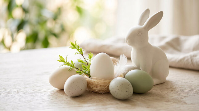 D&eacute;coration de P&acirc;ques avec &oelig;ufs color&eacute;s et lapin d&eacute;coratif