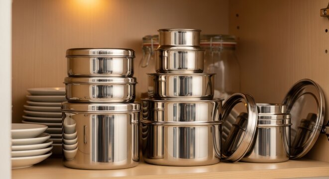 Neatly stacked stainless steel food storage containers on a kitchen shelf for organized meal preparation