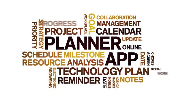 Planner App animated word cloud-text design animation tag kinetic typography seamless loop.