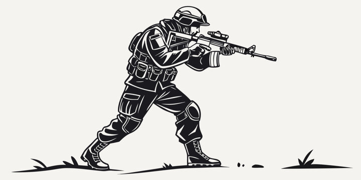 soldier in combat stance with rifle Vector