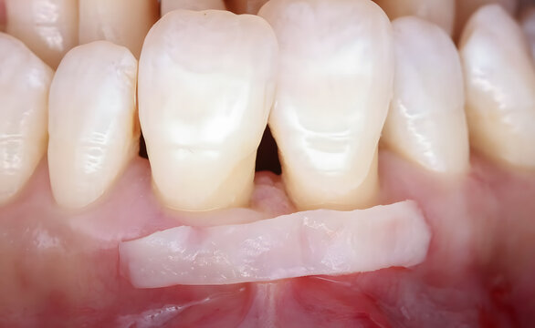 Soft tissue graft for jawbone resorption and gum recession in dentistry. Periodontal treatment involving dental grafts and gingival transplantation. dental treatment gum and implant