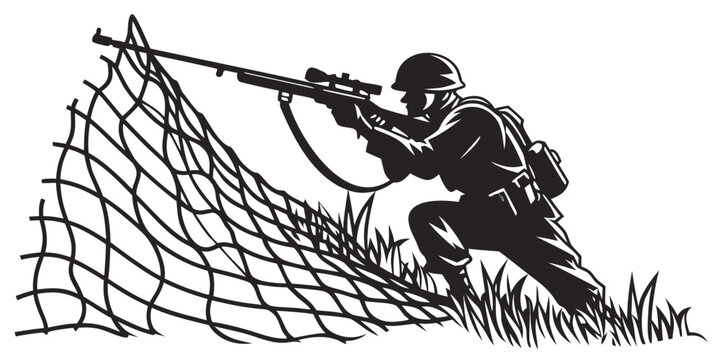 soldier in a crouched position holding a gun behind a net Vector