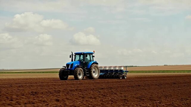 Blue tractor plowing field
