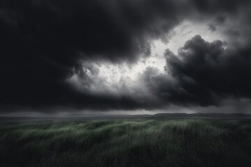 Fototapeta premium Ominous storm clouds gathering over a windswept grassy field with dramatic light on the horizon