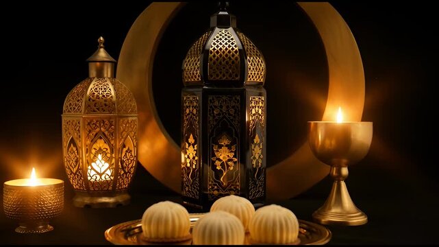 Ramadan Kareem festive display with traditional lanterns and maamoul cookies