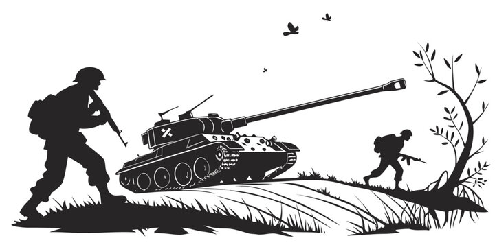 soldiers and tank on a battlefield Vector