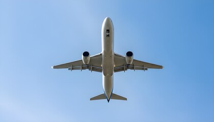 Commercial Passenger Airplane Flying Overhead Bottom View Isolated in Bright Sky Aviation Transportation Travel Concept