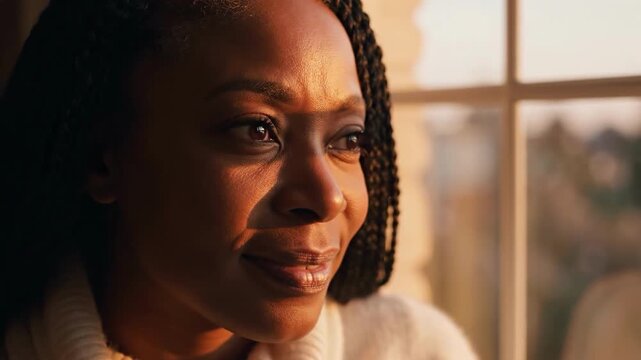 A thoughtful woman looks out a window, conveying a mood of introspection and reflection, perfect for depicting moments of contemplation and personal g