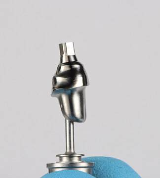 Porcelain teeth over metal supported abutments for dental implants. Implant-supported porcelain crowns and implant components.