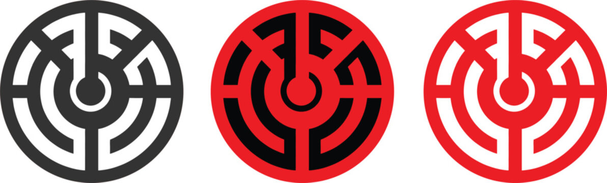 Abstract circular maze logo icon set featuring labyrinth target style geometric symbol for branding technology gaming and navigation design
