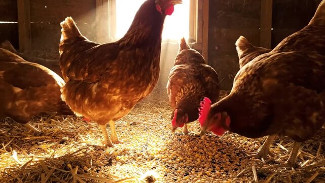 Happy chickens eating corn in a rustic coop illuminated by sunlight, rural barnyard scene