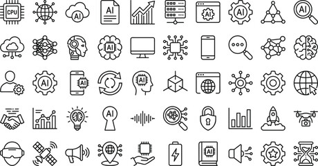 Artificial intelligence and technology line icon set featuring AI chip robot data analysis automation neural network and innovation symbols © Mohammad