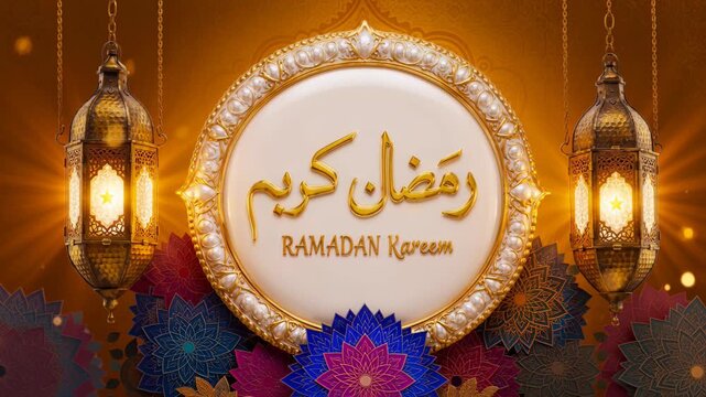 Ramadan Kareem Greeting with Traditional Lanterns and Arabic Calligraphy