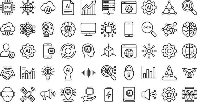 Artificial intelligence and technology line icon set featuring AI chip robot data analysis automation neural network and innovation symbols