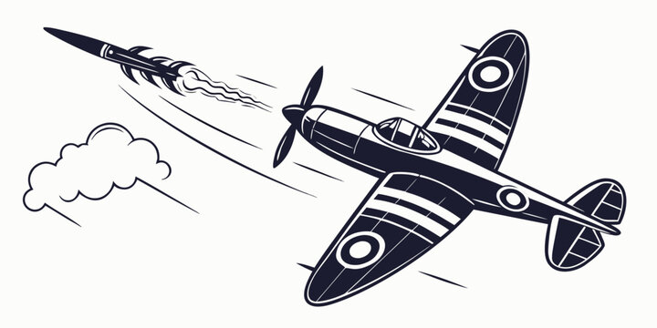 a black and white vintage fighter plane in flight Vector