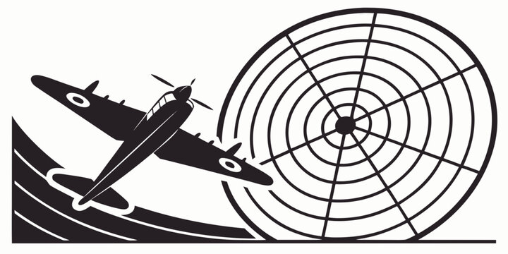 vintage airplane flying in front of a radar dish Vector