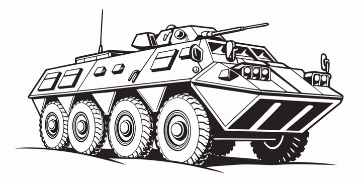 a black and white drawing of a military armored vehicle Vector